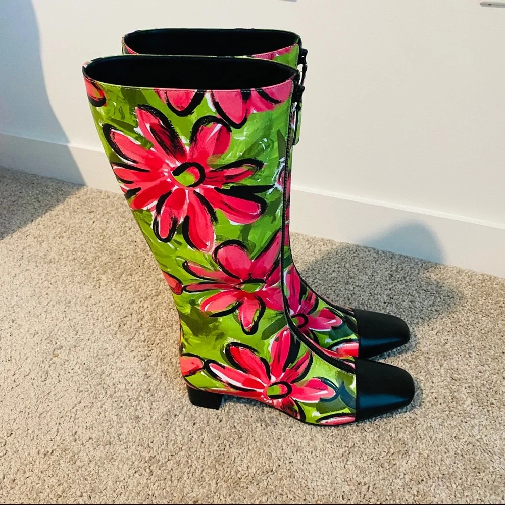 Michael Kors Collection Anita Runway Floral Print Full Calf Leather Knee Boots